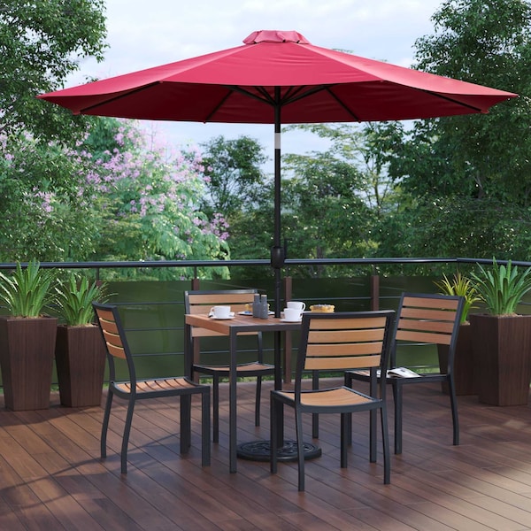 Flash Furniture Faux Teak 35" Table-Red Umbrella-Base-4 Chairs XU-DG-810060364-UB19BRD-GG - main